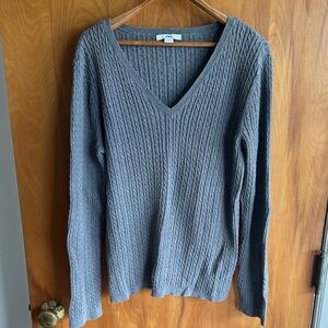 Anne Klein Sport V-Neck Cable Knit Sweater - Gray